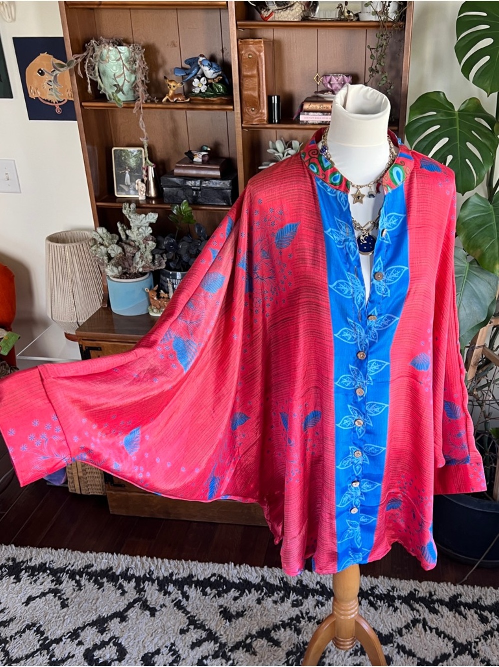 Wild Child Red/Blue Floral Button-Up Silk Dolman Sleeve Blouse Tunic Top OS NWOT